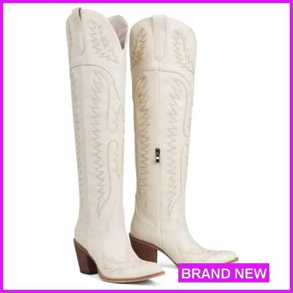 Over The Knee Cowboy Boots Chunky Heel Slip On Zipper Square Toe Western Fashion - Picture 6 of 7